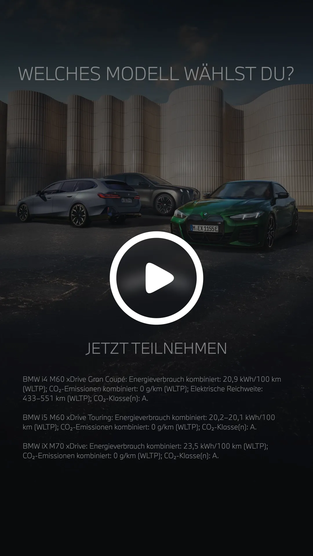 Videovorschau im Hochformat mit drei elektrifizierten BMW M Modellen und der Frage: Welches Modell wählst du?